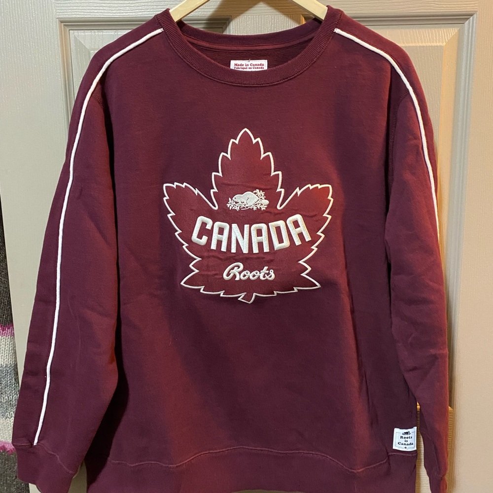 Roots Red Crewneck with Maple Leaf Emblem